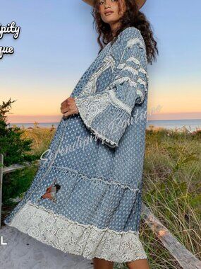 POL Stevie Nicks Peace Sign Bohemian Hippie Distressed Denim Long Jacket Cardig